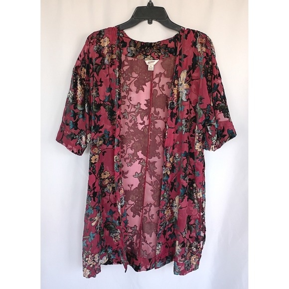 Arizona Jean Company Sweaters - Arizona Jean Co Women Burnout Velvet Floral Open Front Kimono Burgundy Black M/L